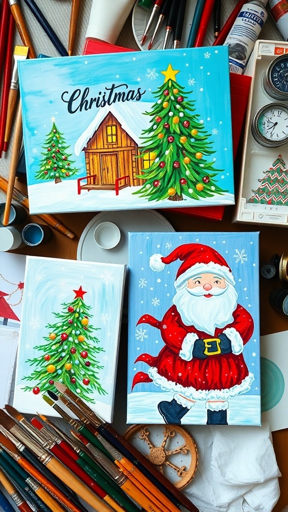 A display of colorful Christmas canvas paintings including a cabin, Christmas tree, and Santa Claus.